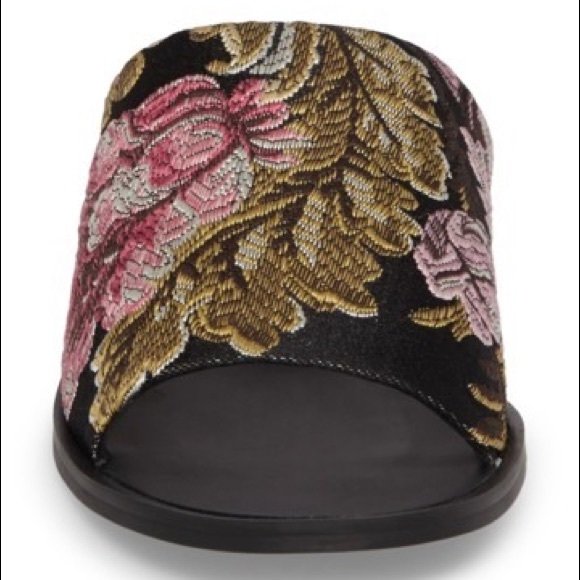 Embroidered Brocade Open Toe Flat Mule Slides - Picture 2 of 4